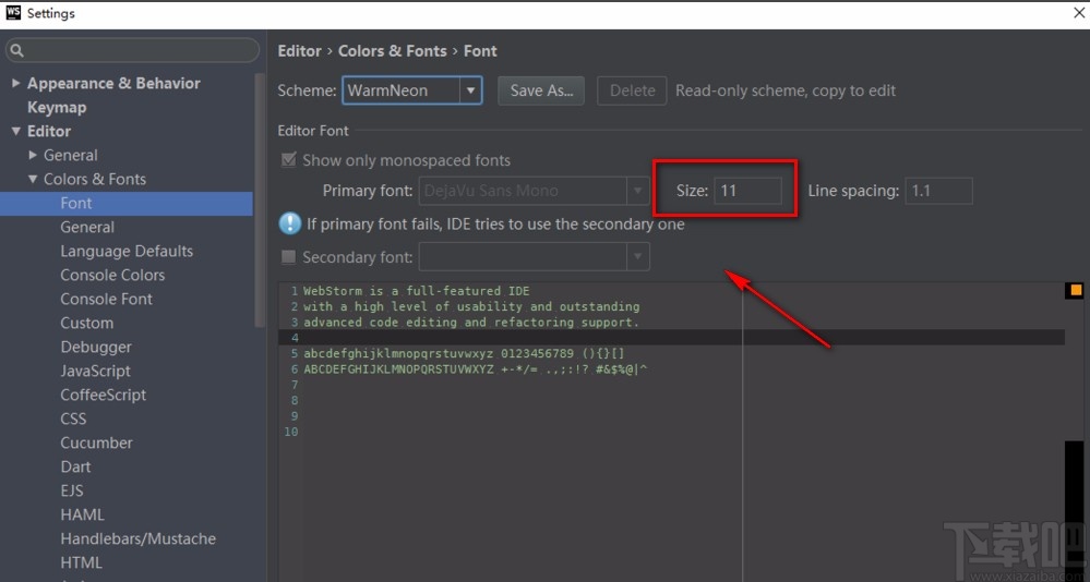 webstorm调整字体字号的方法