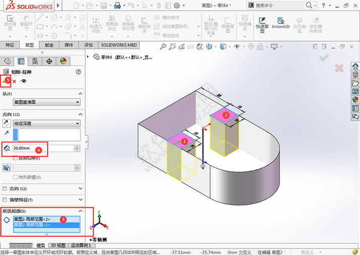 solidworks怎么完成拉伸切除与圆孔插入